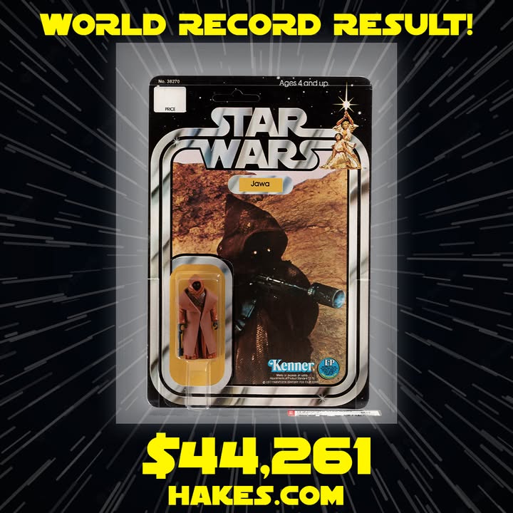 HakesAuctions's tweet image. WORLD RECORD! SOLD FOR $44,261! This vinyl cape Star Wars Jawa figure smashed a world record with Hake’s! Contact us today about selling your action figures! ow.ly/yRf250XQkj8
Hake's, Real auctions. Real Results. UTINNI!
#starwars #actionfigures #collector #collection #jawa