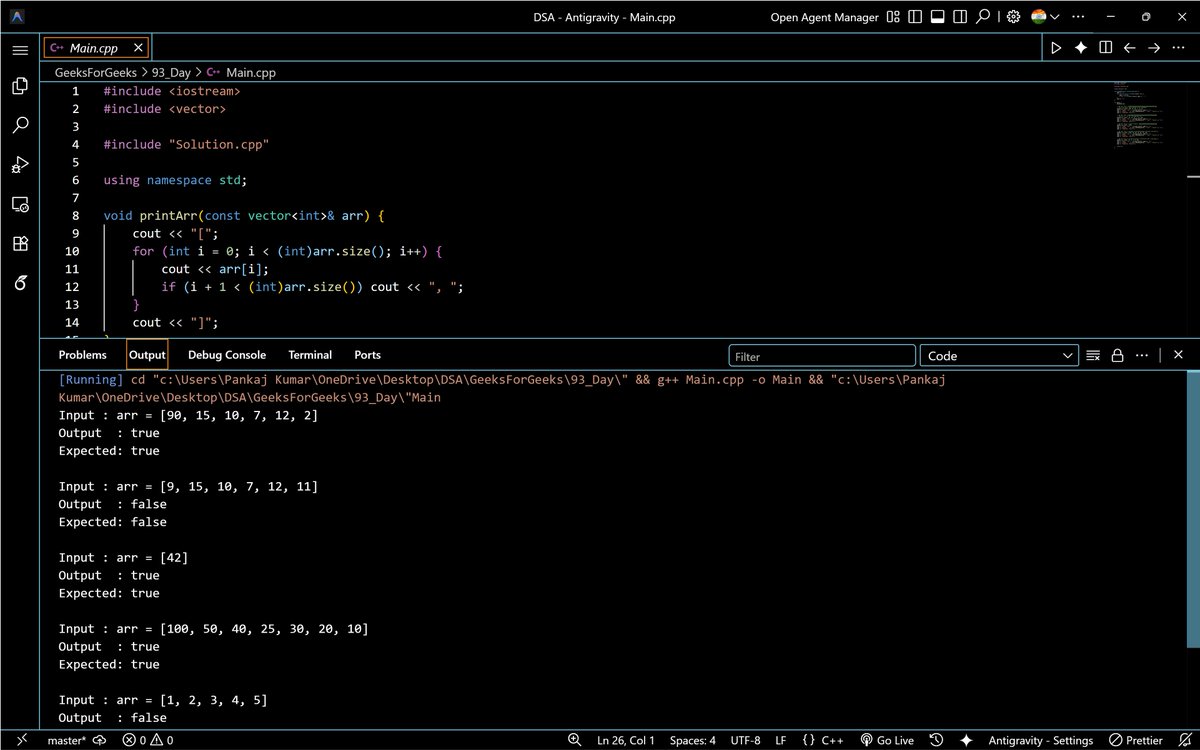 PankajB42550's tweet photo. 🚀#Day77/60–#geekstreak60

Solved: Check if Array is Max Heap (GFG)

Check each parent (0 to n/2-1) with children: arr[i] ≥ arr[2i+1] and arr[i] ≥ arr[2i+2]

✓ O(n) | O(1)
✓ Accepted

Powered by @GeeksforGeeks &amp; @NPCI_NPCI

#60DaysPOTD #geekstreak60 #npci #DSA #MaxHeap #DAY93 https://t.co/lUwBeJH0DY