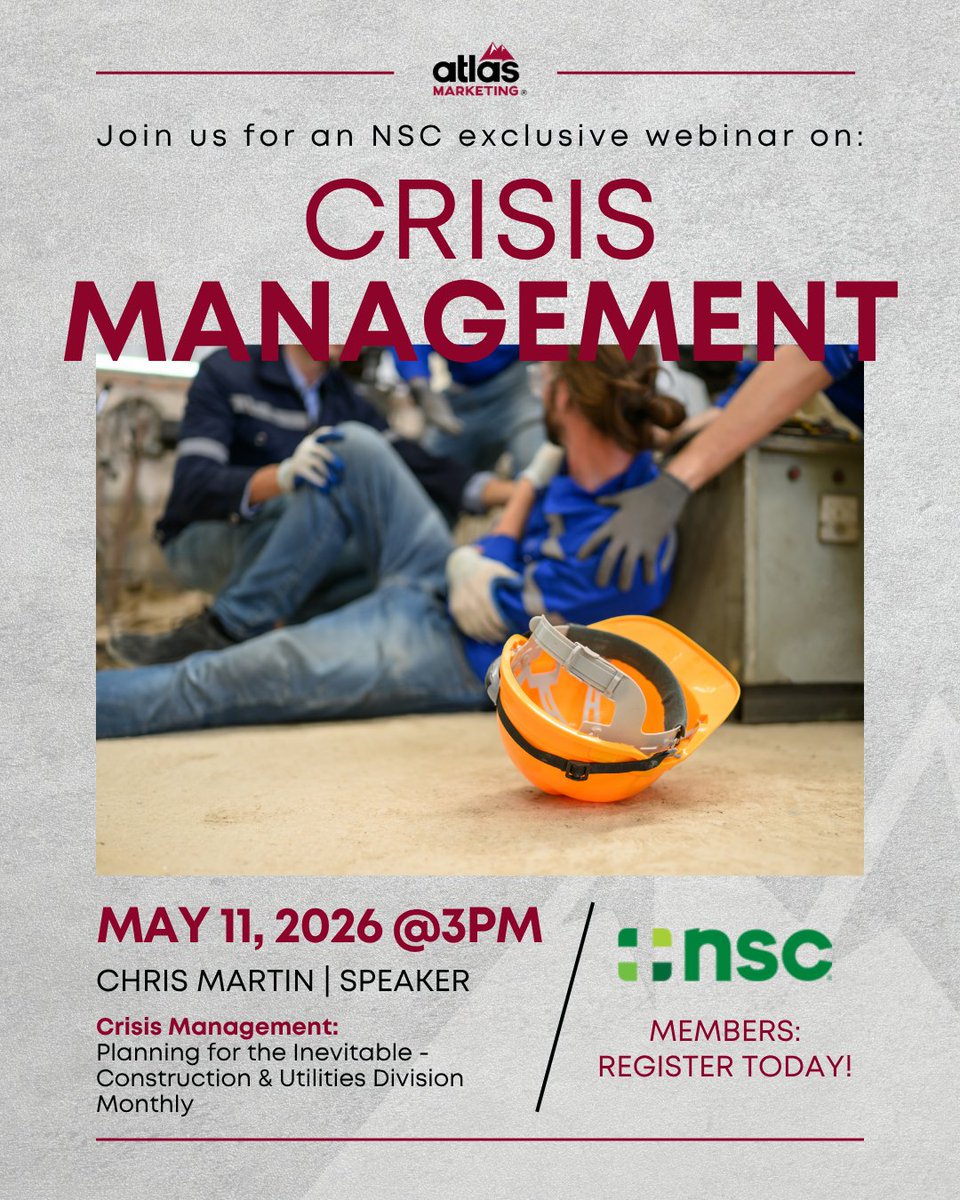 AtlasStories's tweet photo. Not all crises look like emergencies. On May 11, Atlas Marketing President &amp; CEO Chris Martin joins the NSC for a roundtable on building crisis management plans for real-world risks. https://t.co/RlovY1vv11
#CrisisManagement #ConstructionSafety  #NationalSafetyCouncil https://t.co/OVjNoJLwdF