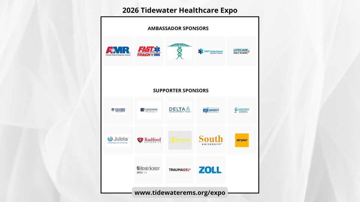TidewaterEMS's tweet image. The 2026 Tidewater Healthcare Expo will feature an exceptional lineup of exhibitors, educators, and meaningful hands-on experiences for healthcare professionals.
Visit the link below for a complete list of sponsors and exhibitors:
tidewaterems.org/expo/sponsors
#TEMS #EMS #TEMSExpo2026