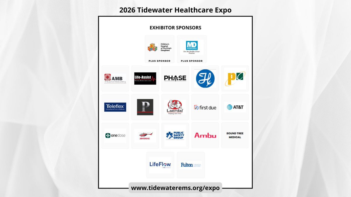 TidewaterEMS's tweet image. The 2026 Tidewater Healthcare Expo will feature an exceptional lineup of exhibitors, educators, and meaningful hands-on experiences for healthcare professionals.
Visit the link below for a complete list of sponsors and exhibitors:
tidewaterems.org/expo/sponsors
#TEMS #EMS #TEMSExpo2026