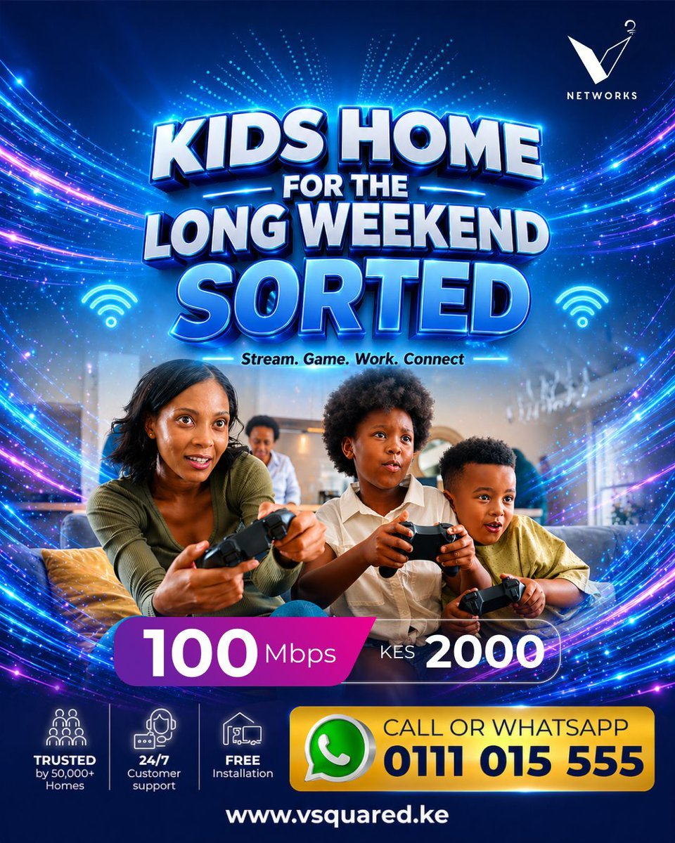 vsquared_care's tweet image. Kids home for the long weekend?
No stress we got you covered.
100 Mbps @ KES 2000
Stream. Game. Connect. Smoothly.

📞 0111 015 555
🌐 vsquared.ke
#VsquaredNetworks #100Mbps #FastInternet