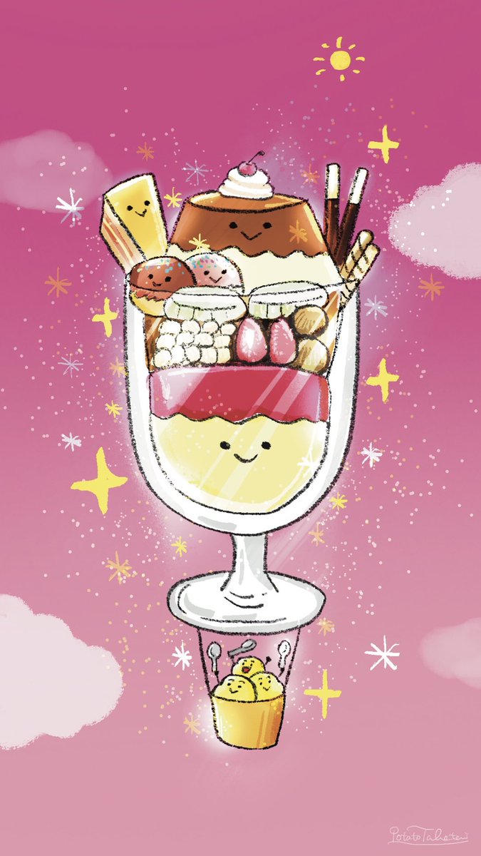 chirosuke422's tweet image. プリン&amp;amp;ケーキ&amp;amp;アイス気球 feat おじゃがズ。
糖分フルチャージ~最終章~✨
Ultimate sweets hot air balloon 🍨✨✨
#ゆるいイラスト #パフェ #sweets #kawaii
