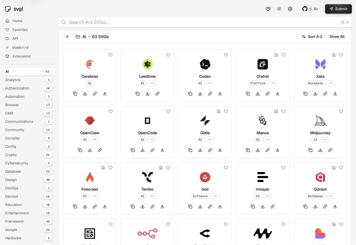 SVGL : une bibliothèque de logos SVG classés par catégorie (frameworks, bases de données, outils IA…), avec une API et une intégration shadcn/ui. Plus de 600 logos disponibles. 
svgl.app