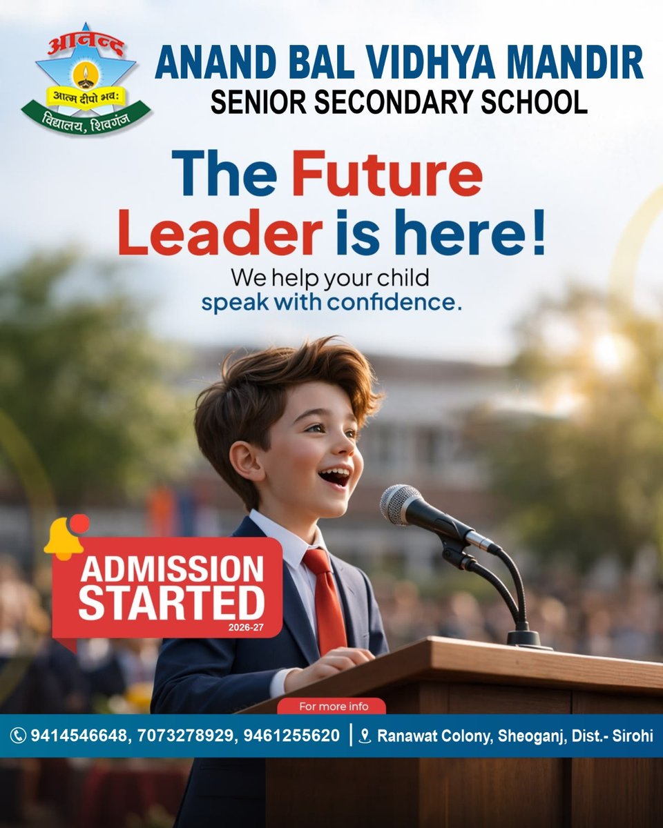 abvmschool01's tweet image. 🎓 Admissions Open 2026-27Future leaders start here!
At Anand Bal Vidhya Mandir, we build confidence, communication &amp;amp; strong academics.📚 Smart learning
🗣️ Confident speaking
🌟 Bright future📍 Sheoganj, Sirohi#AdmissionsOpen #SchoolLife #FutureLeaders #Education #CBSE #Sheoganj