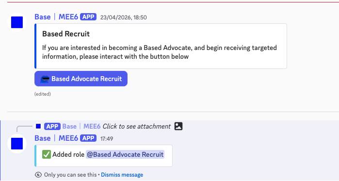 Web3_Mikey__'s tweet image. This morning, I started the process of claiming the "Based Advocate Recruit" role on the @base Discord server

Here's how to claim the role ⤵︎

⊳ first, go to the Discord server
🔗 discord.gg/v9fm8KeRU
⊳ then, go to the #advocate-info channel
⊳ claim the role