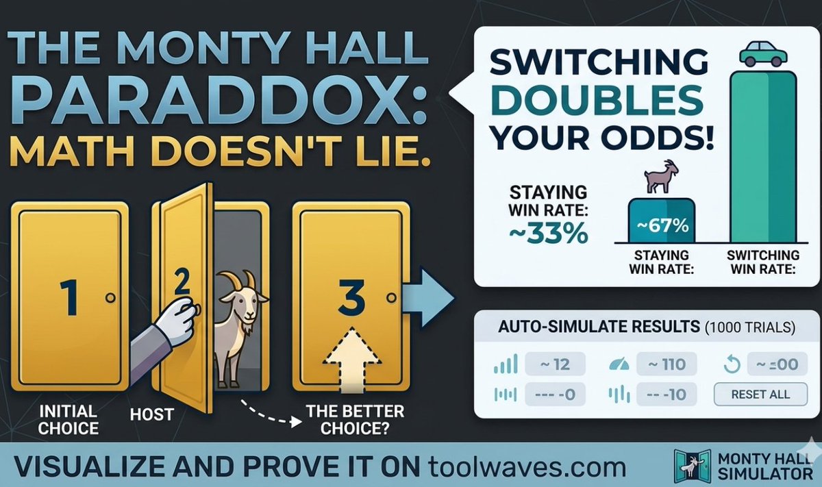 toolwaves's tweet image. The Monty Hall Paradox: Your intuition is likely WRONG! 🧠🤯
You pick a door. Monty reveals a goat. Do you switch? 🚪🐐
Math proves that switching doubles your odds! 🚗✨
Run 1,000 trials instantly on our simulator: 👉 toolwaves.com/tools/monty-ha…
#Math #ToolWaves #Statistics #STEM