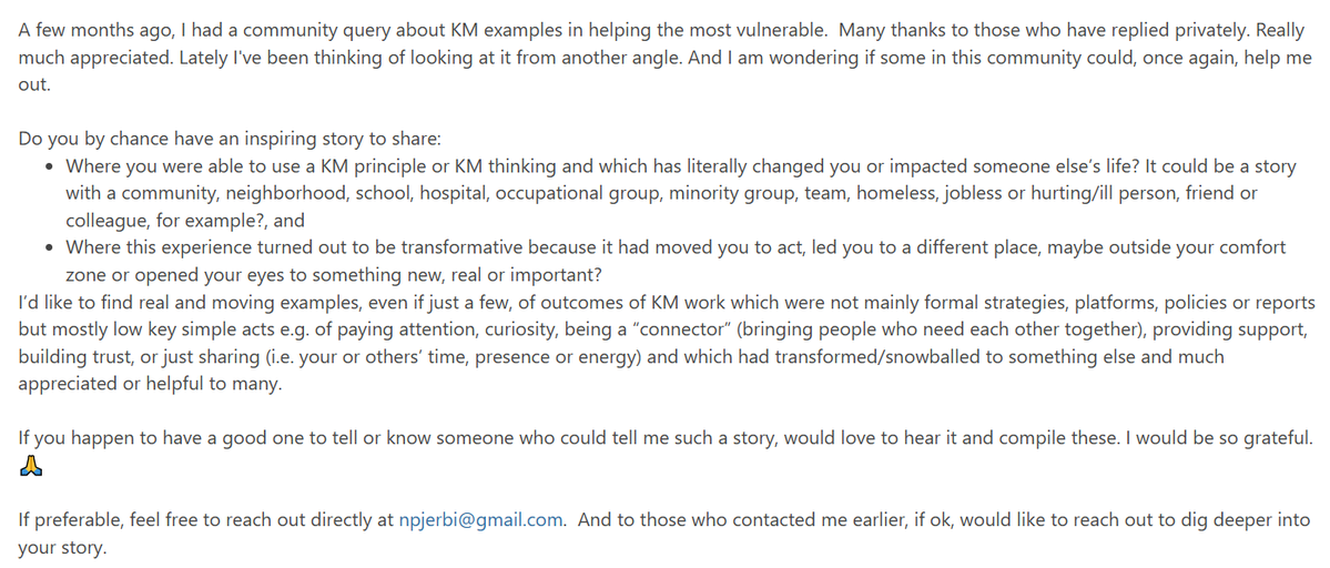 stangarfield's tweet image. Inspiring stories using KM thinking or principles: Post in the SIKM Leaders Community by Ninez Piezas-Jerbi - Seeking real and moving examples of KM outcomes that were not from formal strategies but mostly low key simple acts sikm.groups.io/g/main/topic/i… #KM #KnowledgeManagement #SIKM