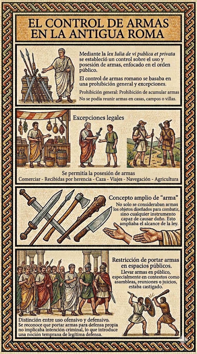 ElVigilRomano's tweet photo. La Lex Iulia de vi publica et privata, atribuida al periodo de Augusto, tenía como objetivo reprimir la violencia (vis) y garantizar el orden público. En este sentido, parte de la regulación se centraba en limitar la posesión de armas. https://t.co/M6pv9H3jHs