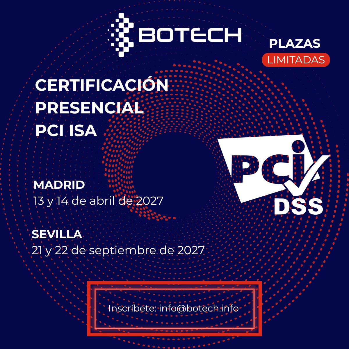 BOTECHFPI's tweet photo. Próximas fechas y lugares para las formaciones #PCIISA (#InternalSecurityAssessor) presenciales 2027 impartidas en español por el @PCISSC:
1️⃣13 y 14 de abril - #Madrid
2️⃣21 y 22 de septiembre - #Sevilla

📧Escríbenos a 𝗶𝗻𝗳𝗼@𝗯𝗼𝘁𝗲𝗰𝗵.𝗶𝗻𝗳𝗼 y reserva ¡Las plazas vuelan! https://t.co/4be8OFL8pY