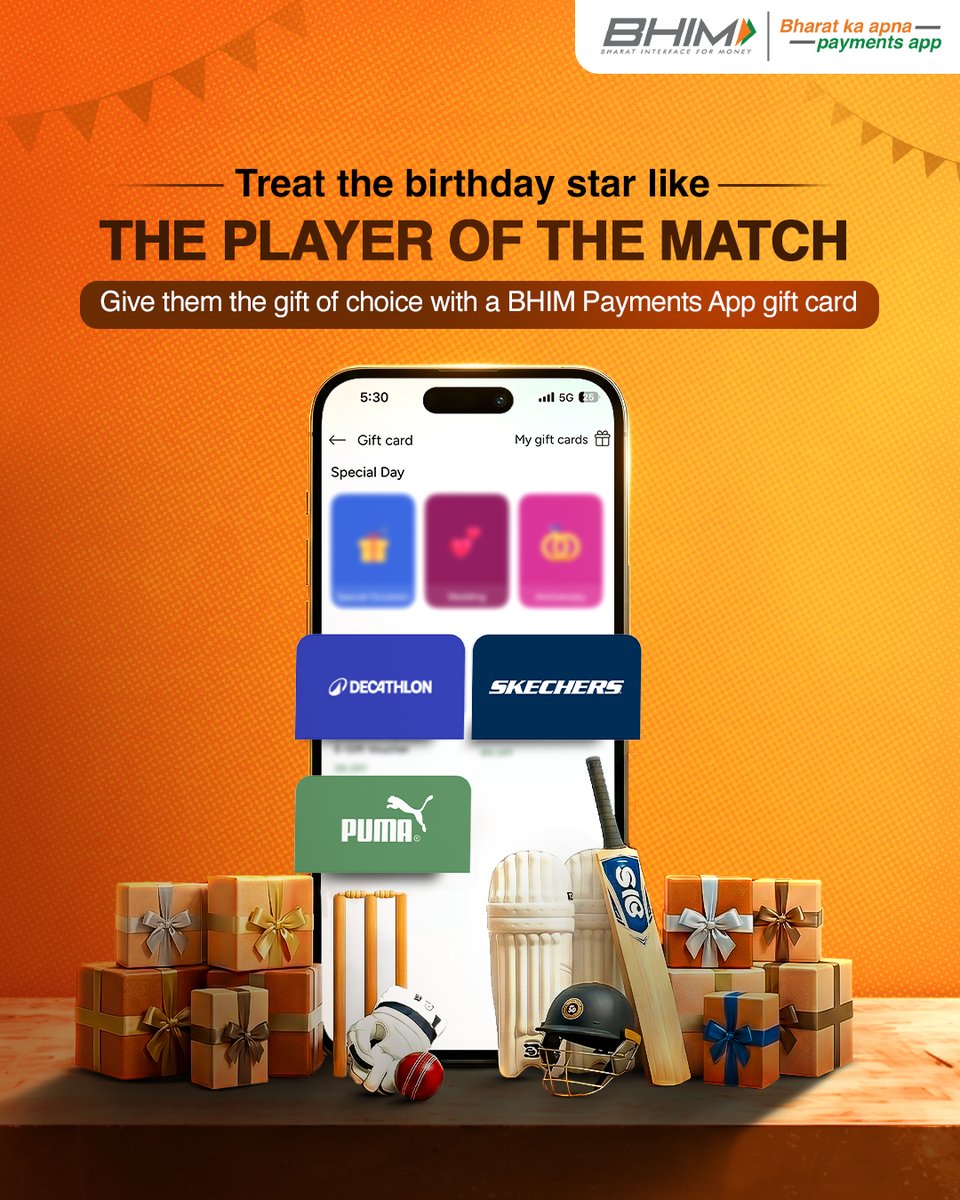 NPCI_BHIM's tweet image. Got a friend celebrating a birthday right in the middle of cricket season? 🏏
Give them a gift that always hits it out of the park!

#BHIMPaymentsApp #GiftCard #BHIMAppGiftCard