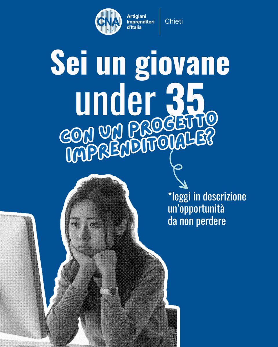 🚀 Hai un’idea d’impresa?
Con Abruzzo Micro Prestiti se sei un giovane under 35 o una donna puoi ottenere:
💰 fino a 80.000€ a tasso zero
🎁 + contributo a fondo perduto
📅 Da maggio 2026
⚠️ Fondi limitati
📩 Contattaci e non perdere questa opportunità
#CNAChieti #PMI