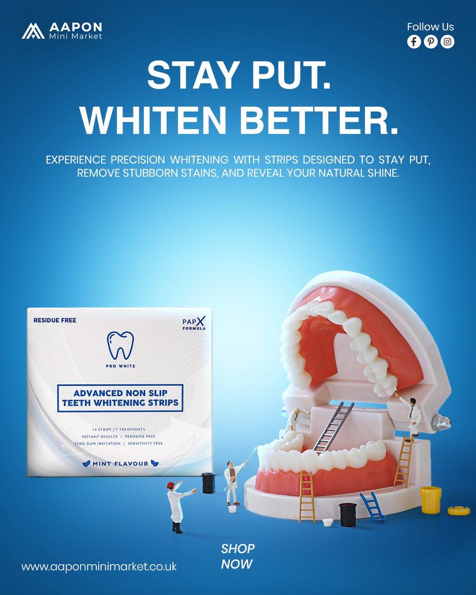 Aaponminimarket's tweet image. Achieve a brighter smile with PAP-X Non-Slip Whitening Strips. Designed for secure fit &amp;amp; effective stain removal, they help whiten teeth comfortably at home while staying in place. Easy, mess-free, &amp;amp; dentist-inspired oral care. #WhiteningStrips #BrightSmile #OralCare #DentalCare
