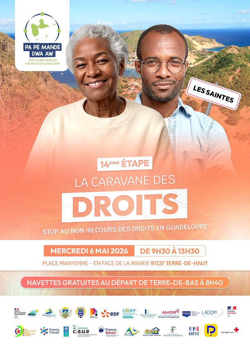 LadomOfficiel's tweet image. 📍 Rendez-vous le 6 mai à Terre-de-Haut pour la 14e étape de la Caravane des Droits !
🚐 LADOM Guadeloupe sera présente pour informer le public sur l’ensemble de ses dispositifs de mobilité.
🚌 Navettes gratuites depuis Terre-de-Bas à 8h40. 

@Prefet971 
#CaravaneDesDroits