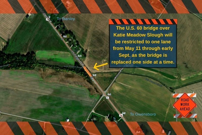 kyliving's tweet image. Traffic Alert  - #DaviessCoKY -  Starting Monday, May 11 

#Stanley - Per @KYTCDistrict2, lane restrictions for bridge replacement project  on #US60 over Katie Meadow Slough. Expected completion date is early Sept.  

DaviessCountyKentucky OwensboroKy DaviessCountyKy StanleyKy