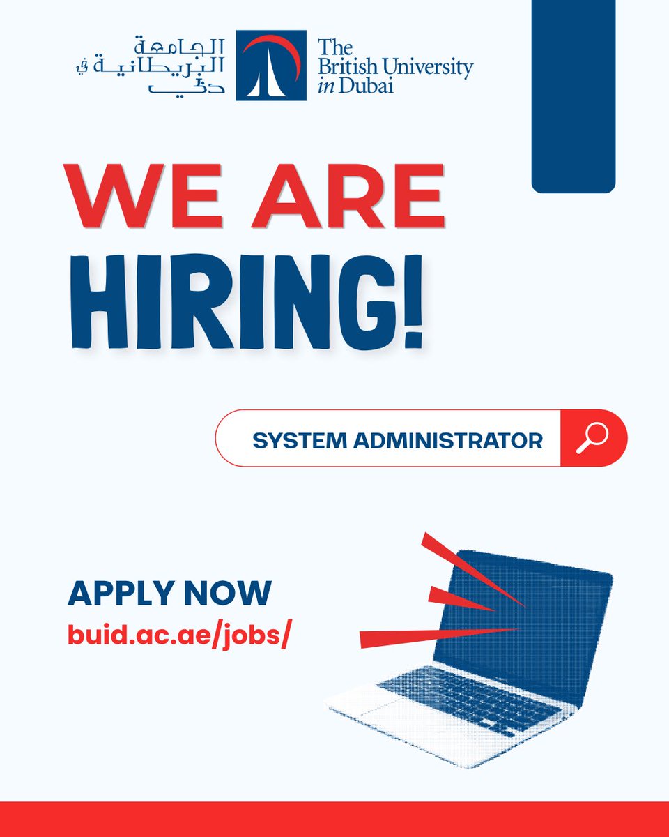 buid_team's tweet image. We’re hiring! The British University in Dubai is looking for a System Administrator to join our IT team. 
Apply now! buid.ac.ae/jobs/

#Hiring # System_Administrator #ITJobs #UniversityJobs
#Britishuniversity #DubaiJobs #UAECareers
