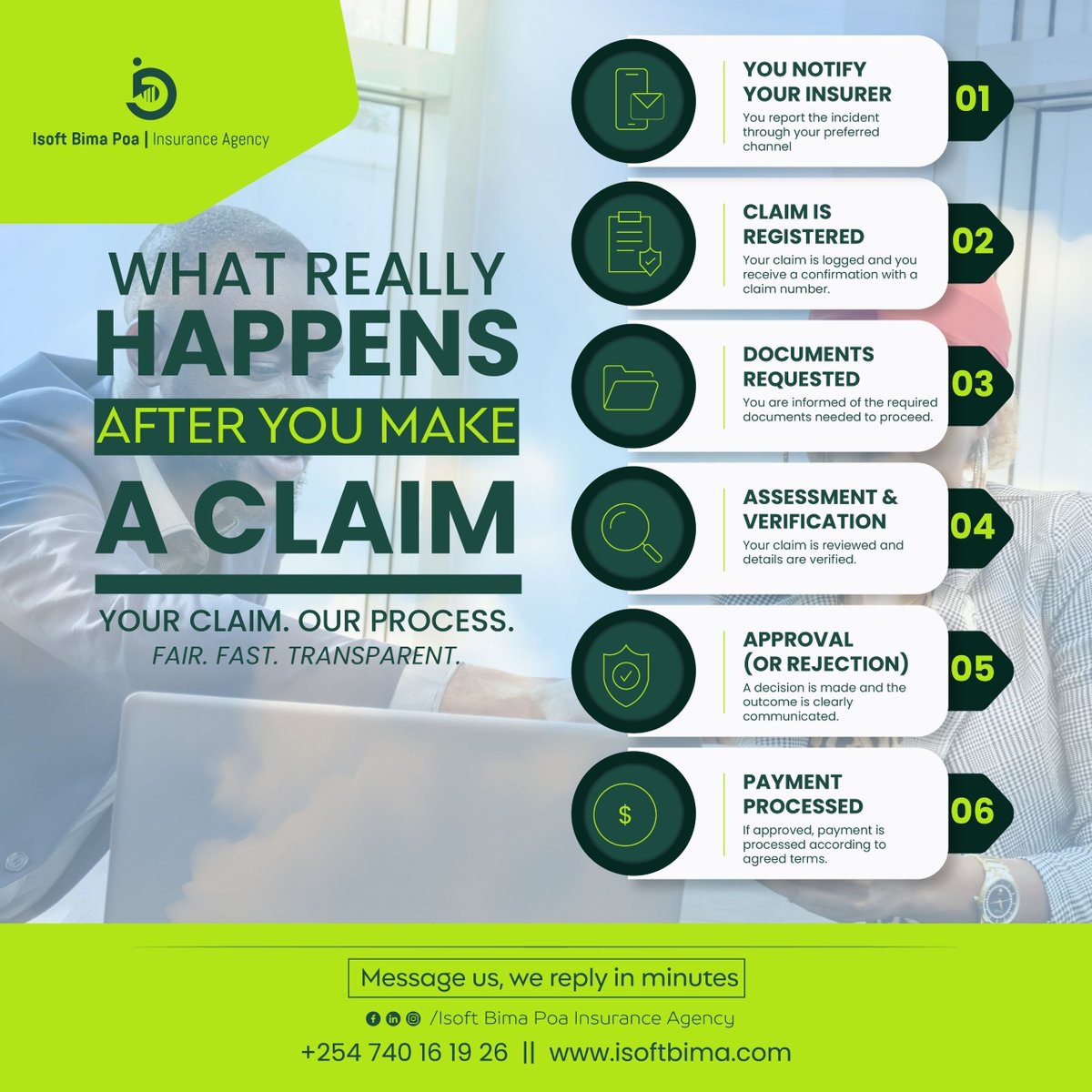 IsoftInsurance's tweet image. Insurance never pays out.
Here is the truth of what ACTUALLY happens after your claim:
1. You notify us 📲
2.Claim registered ✅
3. Docs requested 📁
4.Assessment done 🔍
5.Decision communicated 📢
6.Payment processed 💰 
Fair. Fast. Transparent. That's us.

#InsuranceClaims