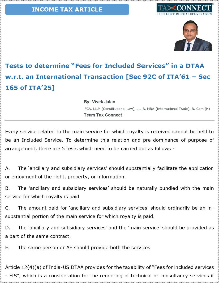 cavivekjalan's tweet image. Pleased to share an Article on "Tests to determine “Fees for Included Services” in a DTAA w.r.t. an International Transaction [Sec 92C of ITA’61 – Sec 165 of ITA’25]"

Thanks &amp;amp; Regards
Vivek Jalan
@TaxConnectLLP 

#incometax #internationaltaxation #TransferPricing #section92c