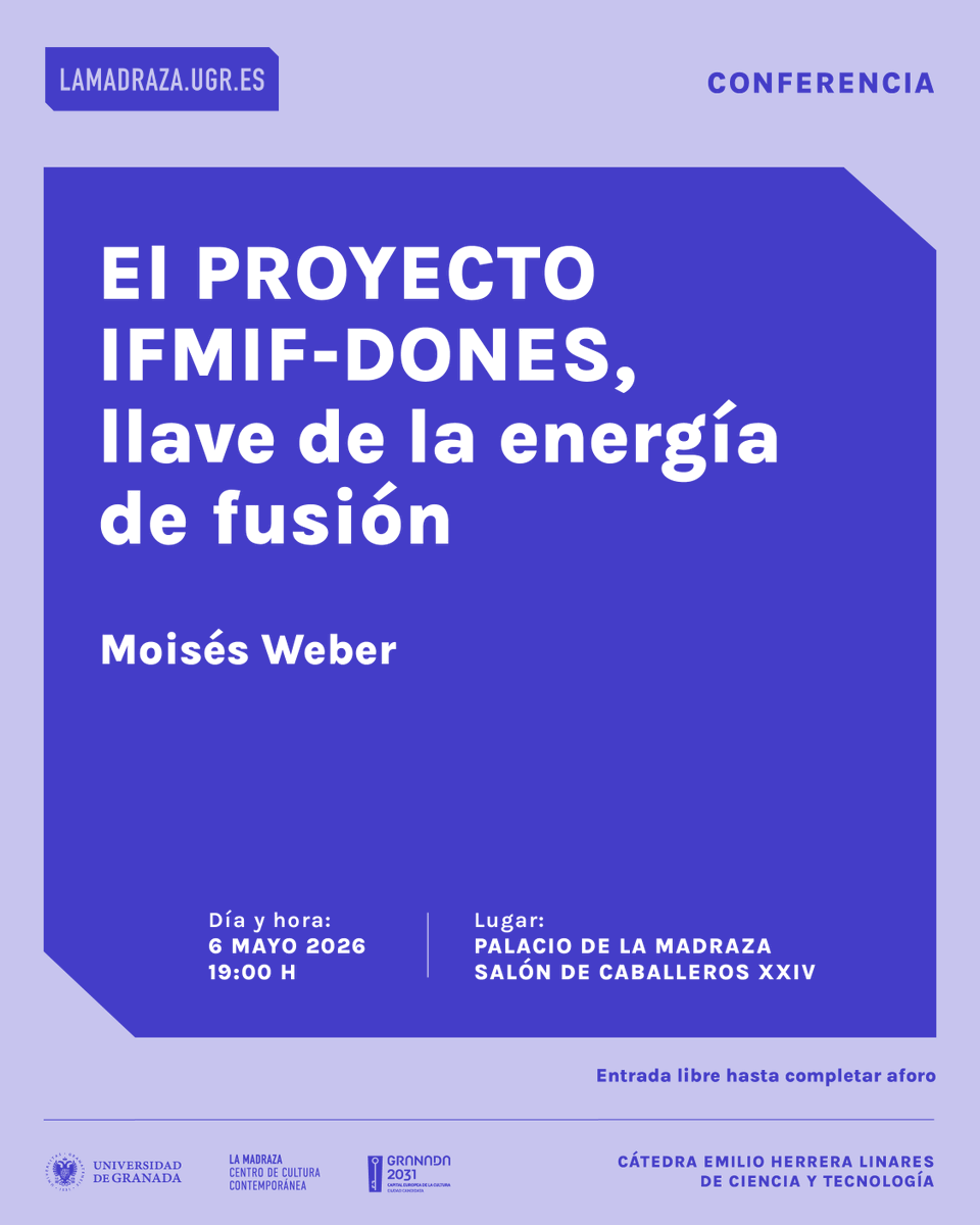 IFMIF_DONES's tweet photo. 🗣️ Our interim director, Moisés Weber, will give an informative lecture on IFMIF-DONES and fusion energy at @lamadrazacccugr. 

📅 May 6
⏰ 7:00 p.m.
ℹ️ https://t.co/TG0dATVSQS

#ERDF #EuropeFeelsIt @EU_Commission https://t.co/3C2VudnOGC