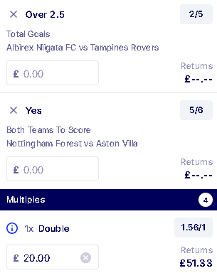 BankerBreaker's tweet image. ⚽️ Football Double ⚽️

Albirex Niigata vs Tampines Rovers – Over 2.5 Goals ✔️
Nottingham Forest vs Aston Villa – BTTS ✔️
💰 1.56/1 best odds @ BetFred
🔥 Goals the angle in this one

#Football #BettingTips #Double #BTTS #Over25 #Goals