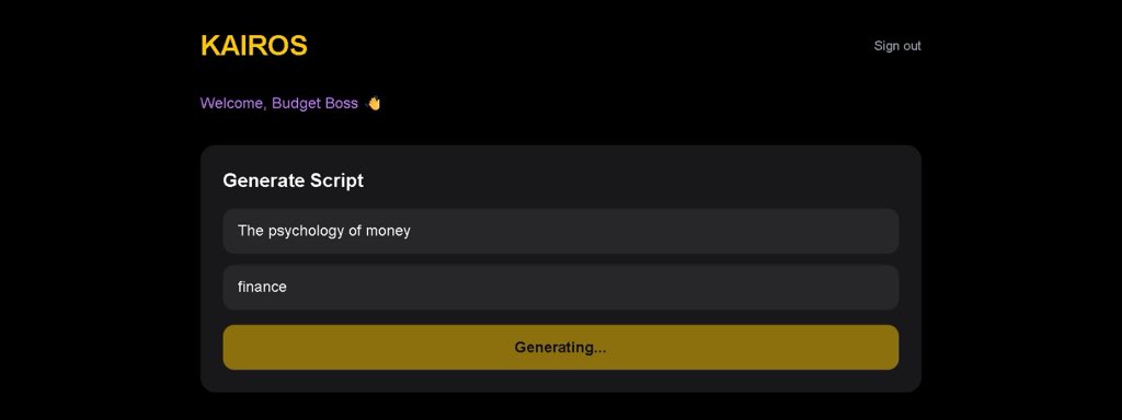 kariosbuild's tweet image. Day 4 of building Kairos.
Typed a topic. Got a full YouTube script. Instantly.
The AI brain is working. 🧠
@sama @levelsio @garrytan @mwseibel @gregisenberg
#buildinpublic #AI #SaaS #startups