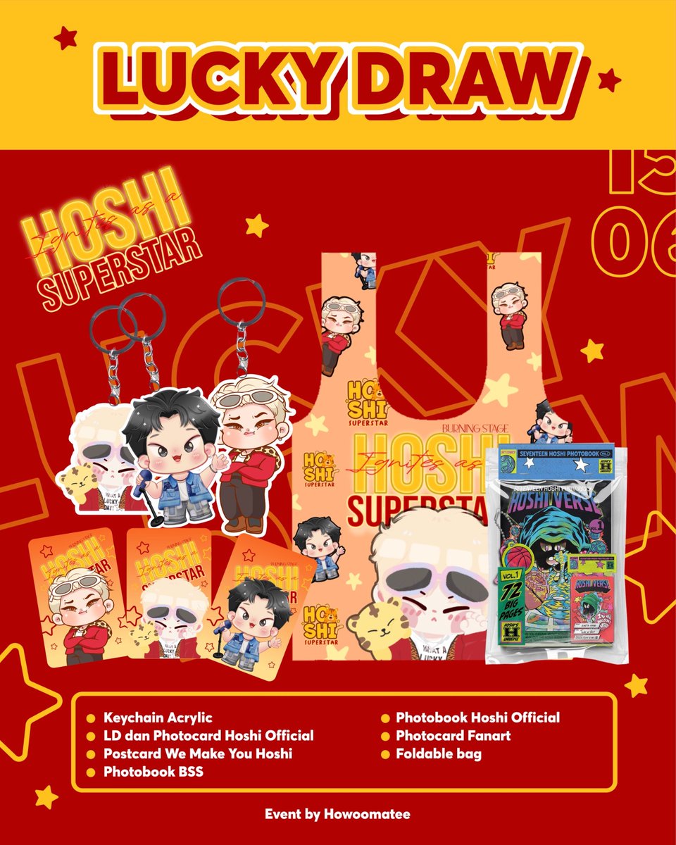 Hoshi's Birthday Cafe Event 2026 by Howoomatee Team

⭐️ 𝙱𝚄𝚁𝙽𝙸𝙽𝙶 𝚂𝚃𝙰𝙶𝙴: 𝙷𝙾𝚂𝙷𝙸 𝙸𝙶𝙽𝙸𝚃𝙴𝚂 𝙰𝚂 𝙰 𝚂𝚄𝙿𝙴𝚁𝚂𝚃𝙰𝚁 ⭐️

🎁 Lucky Draw Preview 🎁

Every purchases (1 person) will get 1 chance for lucky draw 🤩

📆Sunday, 14 June 2026
📍Kohi Gaol-Mayestik,