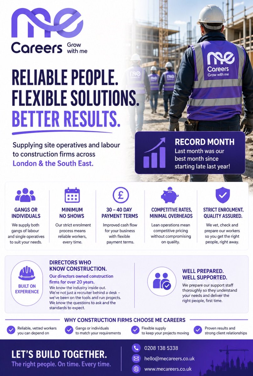 MegroupX's tweet image. ✔ Gangs or individual operatives
✔ Strict enrolment = minimal no-shows
✔ 30–40 day payment terms
✔ Competitive rates with lean overheads

If you need dependable labour that shows up and delivers, let’s talk.
📩 hello@mecareers.co.uk

#ConstructionUK #sitelabour