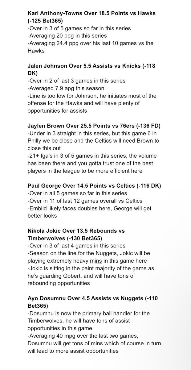 FieldsFocus's tweet image. April 30th NBA Player Props🔥

Karl-Anthony Towns Over 18.5 Points

Jalen Johnson Over 5.5 Assists

Jaylen Brown Over 25.5 Points

Paul George Over 14.5 Points

Nikola Jokic Over 13.5 Rebounds

Ayo Dosumnu Over 4.5 Assists

Likes, Follows, &amp;amp; RT’s Appreciated‼️

#gamblingtwitter