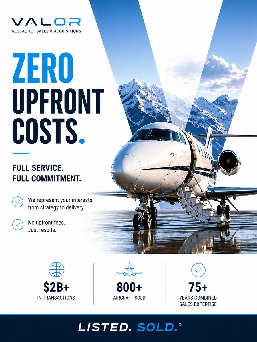 ValorJets's tweet image. Zero upfront cost.

If you’re considering selling, let’s talk strategy.

#AircraftSales
#BusinessAviation
#PrivateAviation
#AircraftBroker
#JetSales
#CorporateAviation
#AviationMarket
#ListedSold
#ValorJets