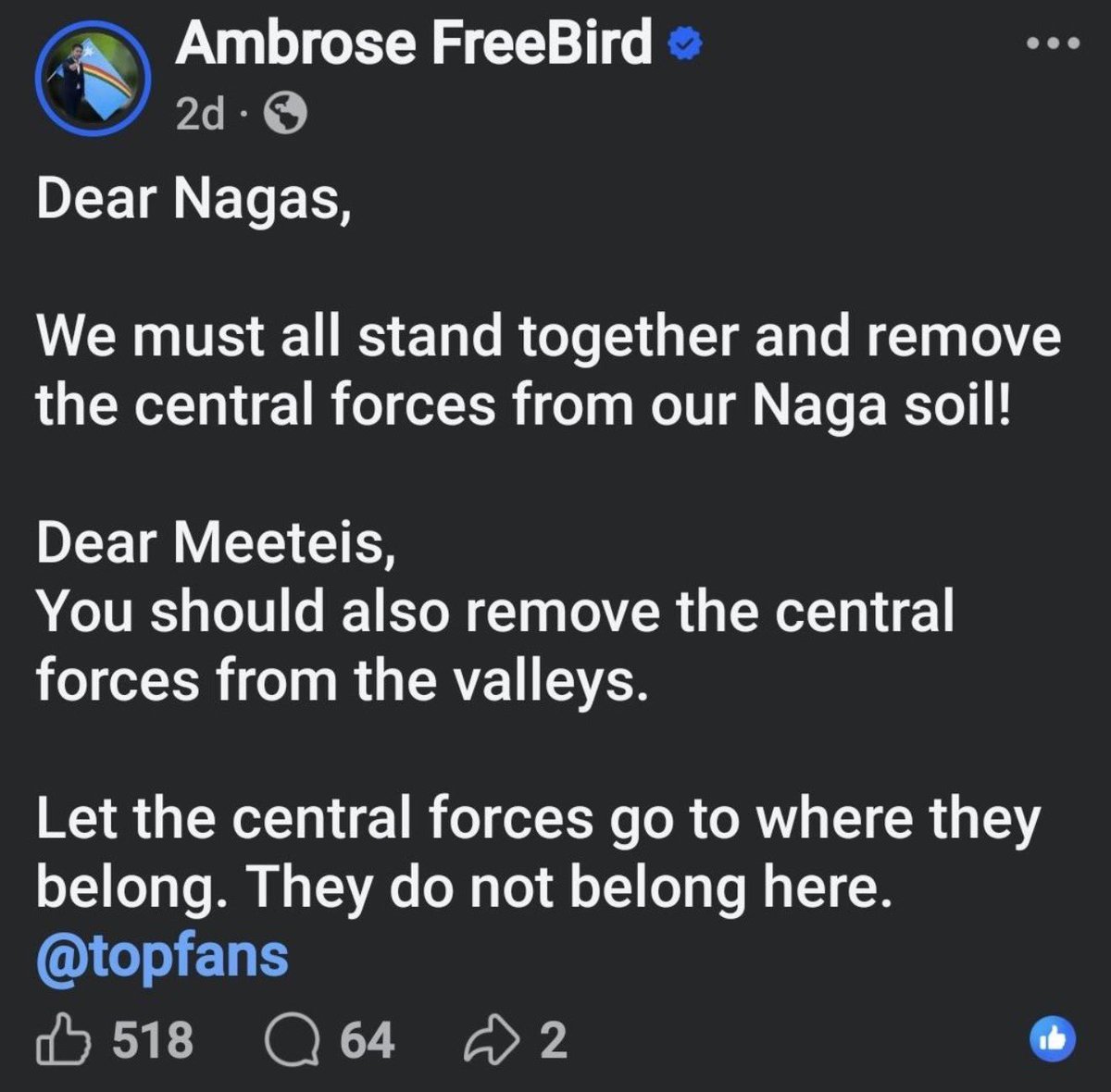 Dig_raw21's tweet photo. Branding Indian army  as ‘outsiders’ is a different issue altogether. And let’s be clear secessionist intent is incompatible with being part of the nation, this has to be dealt with iron hand . This Kacha Naga Militant Ambrose Freebird lives in Indian soil and preaches separatism, authorities seem to be sleeping. These white coat militants are spreading misinformation against the forces.

@manipur_police @LokBhavManipur @official_dgar