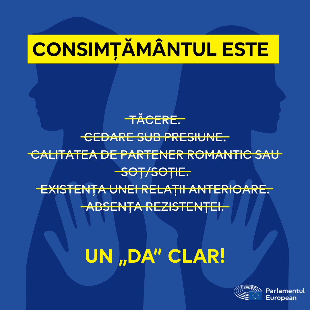 Când vine vorba de sex, doar un „da” clar înseamnă „da”.

Orice altceva este vi⭕l.

Parlamentul insistă pentru o definiție a vi⭕lului la nivelul UE, centrată pe absența consimțământului.

Citiți mai mult 👉link.europa.eu/kvkwBJ