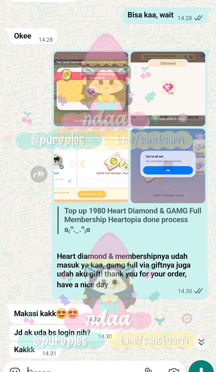 Siapa yang mau jajan lagii? Aku stand by terus di WA yaa 🤩 

Ready coin line, robux, heartopia, koin webtoon, koin pips plato, zepeto sampe tengah malem 💗🎀