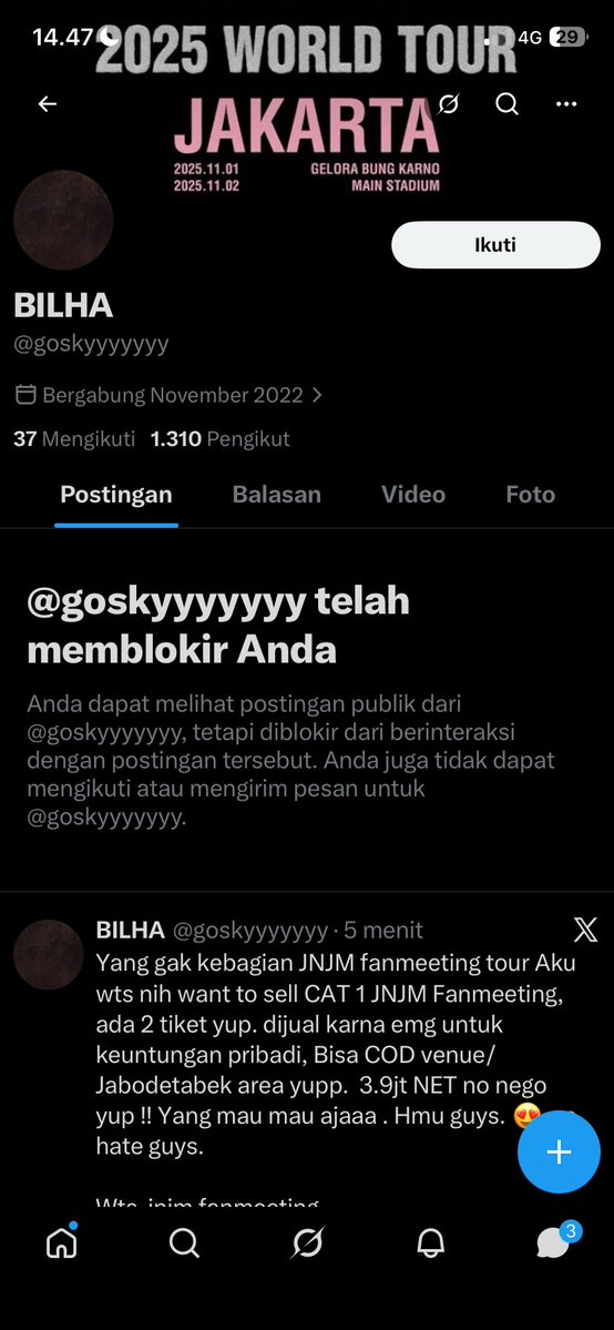 INFOOOO ‼️‼️‼️
scammers tiket nct jnjm jakarta
guys pls hati hati sama orang ini, tadi aku abis kena scamm, please tandain jangan sampai ada yang kena lagi 🥹🙏🏻

Emang pure aku panic buying dan tidak mengecek asal usul akunnya, ternyata scammer baru on lagi