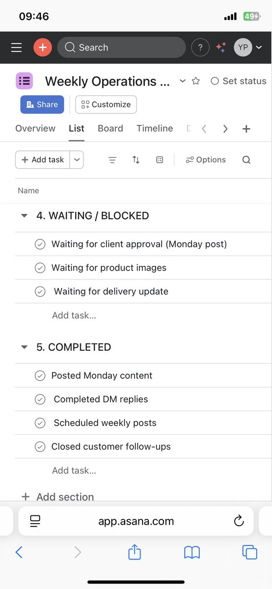 YoungPeaceVA's tweet image. Most businesses don’t struggle because of ideas.
They struggle because of structure.

Day 9 of my build in public journey as a Virtual Assistant, I created a Weekly Operations &amp;amp; Content Workflow system using Asana.

#15daysMockProjectWithMarvie #virtualassistant