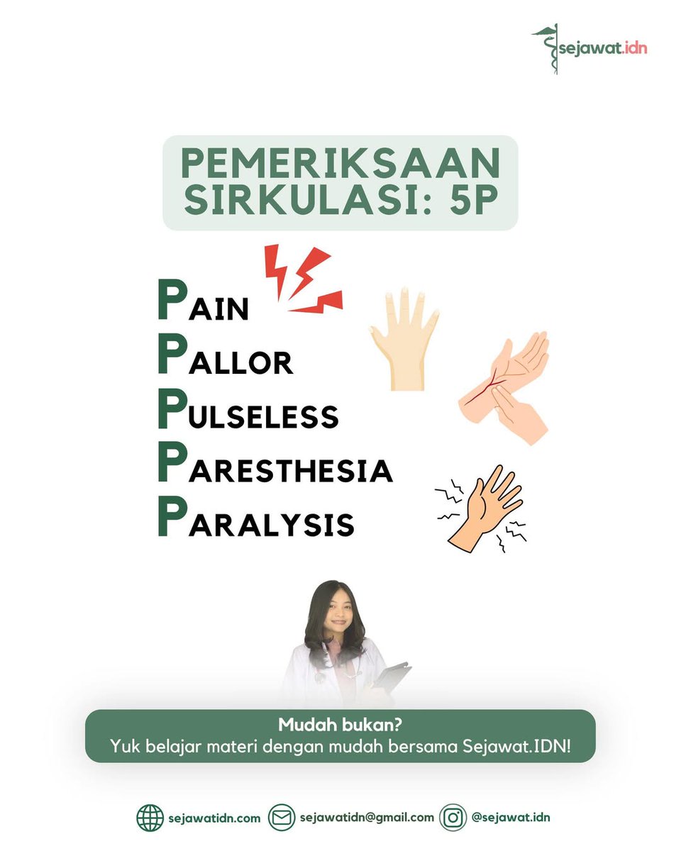 sejawat_idn's tweet image. CEK SIRKULASI? INGET 5P 🤯

 Dalam melakukan pemeriksaan sirkulasi, Jangan lupa 5P yaa! ~ Pain, Pallor, Pulseless, Parasthesia, dan Paralysis!

#preklinik #osce #koas #bimbelkedokteran