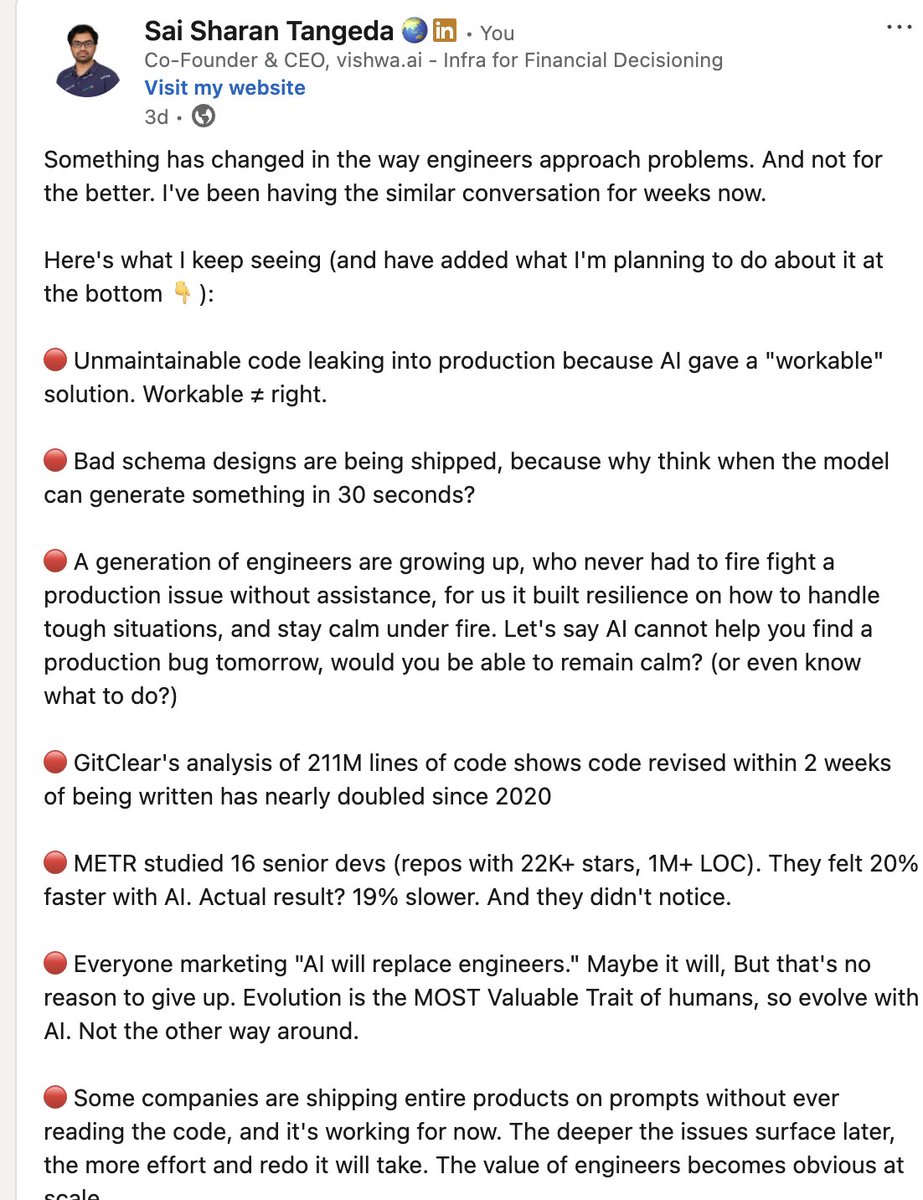 sai_sharan_t's tweet photo. It's seems like the entire ecosystem is wired to believe AI is doing more than it actually can!!. It's like a bubble is being created all over again.

I run an AI company, and I still ask people to believe this. We specifically have expert review in the loop  and validations model to address these problems and guarantee accuracy for our customers, so we know the kind of errors AI keeps making. 
 
Companies need to know what real AI implementation means, and it's limitations are, then only real adoption can take place.