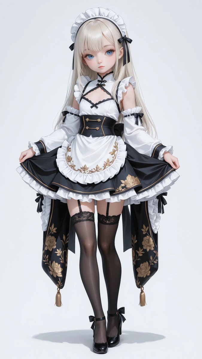 AliceLavli's tweet image. 和風メイドをどうぞ
black and deep bronze japanese style maid dress, fusion of traditional wafuku and elegant maid outfit, high collar inspired by kimono layers, sleeveless fitted bodice with glossy satin fabric and intricate gold floral embroidery, crossed kimono style chest