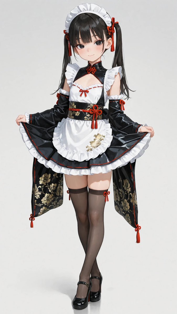 AliceLavli's tweet image. 和風メイドをどうぞ
black and deep bronze japanese style maid dress, fusion of traditional wafuku and elegant maid outfit, high collar inspired by kimono layers, sleeveless fitted bodice with glossy satin fabric and intricate gold floral embroidery, crossed kimono style chest
