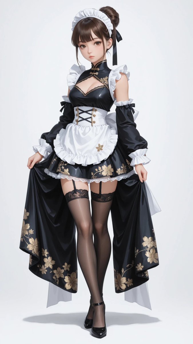 AliceLavli's tweet image. 和風メイドをどうぞ
black and deep bronze japanese style maid dress, fusion of traditional wafuku and elegant maid outfit, high collar inspired by kimono layers, sleeveless fitted bodice with glossy satin fabric and intricate gold floral embroidery, crossed kimono style chest