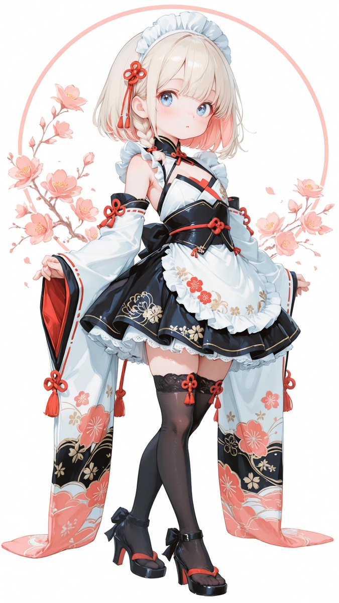 AliceLavli's tweet image. 和風メイドをどうぞ
black and deep bronze japanese style maid dress, fusion of traditional wafuku and elegant maid outfit, high collar inspired by kimono layers, sleeveless fitted bodice with glossy satin fabric and intricate gold floral embroidery, crossed kimono style chest