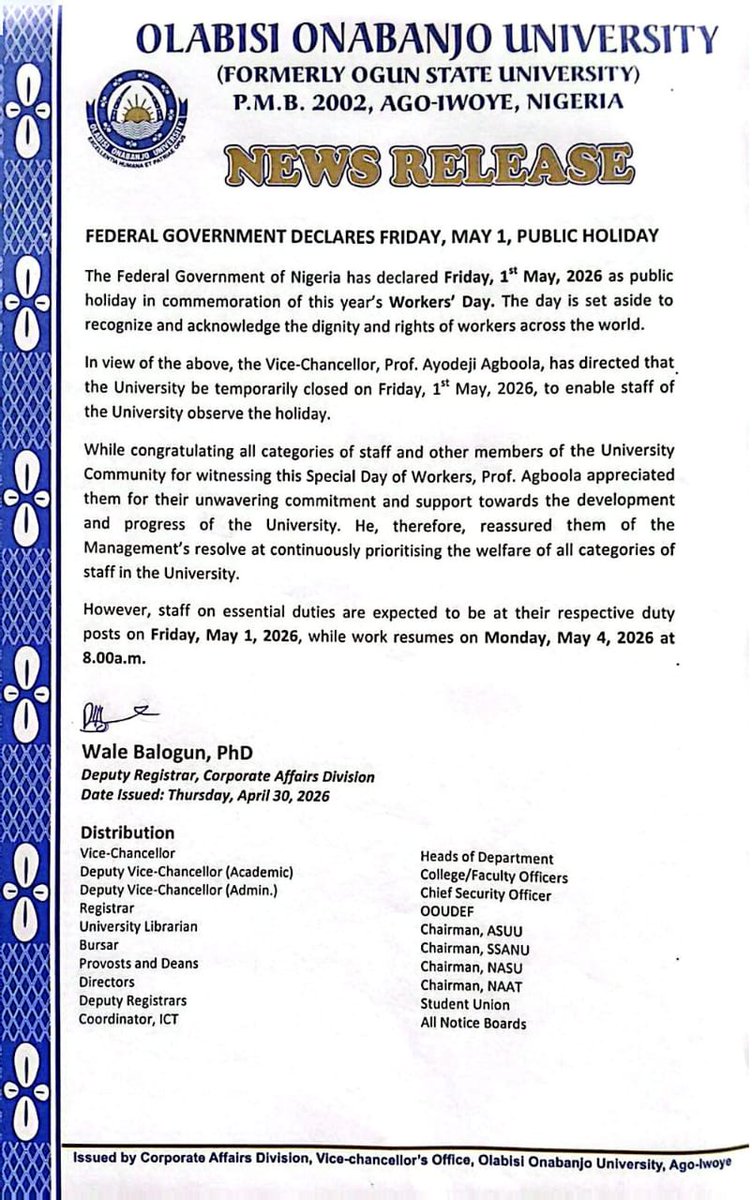 Olabisi Onabanjo University tweet media