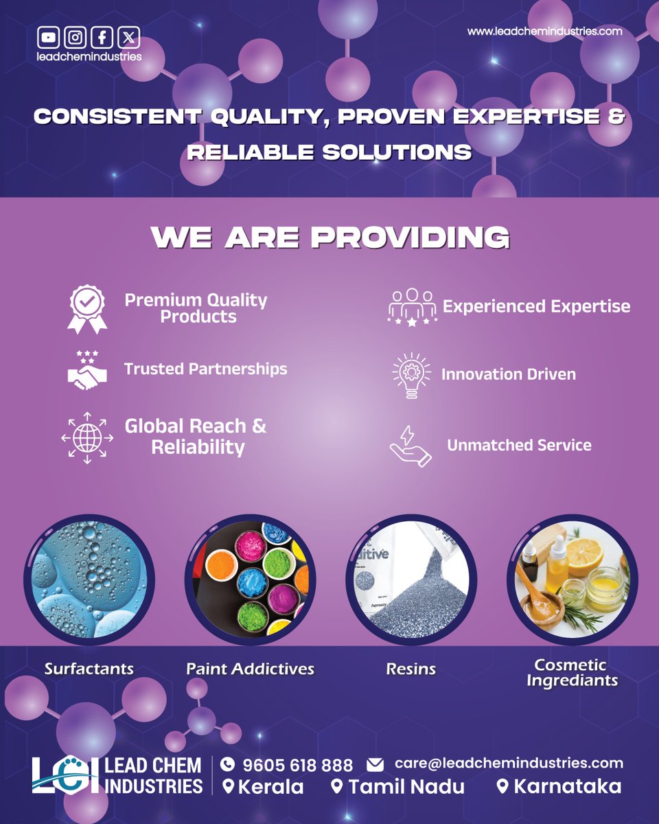 LCIOFFICIAL_'s tweet image. Elevating chemistry with proven expertise

📌 Available across Kerala, Tamil Nadu &amp;amp; Karnataka
📞 9605 61 8888
🌐 leadchemindustries.com

#ChemicalIndustry #ChemicalSolutions #ChemicalManufacturing  #AdvancedMaterials #ChemicalEngineering #GlobalSupply #ExportQuality