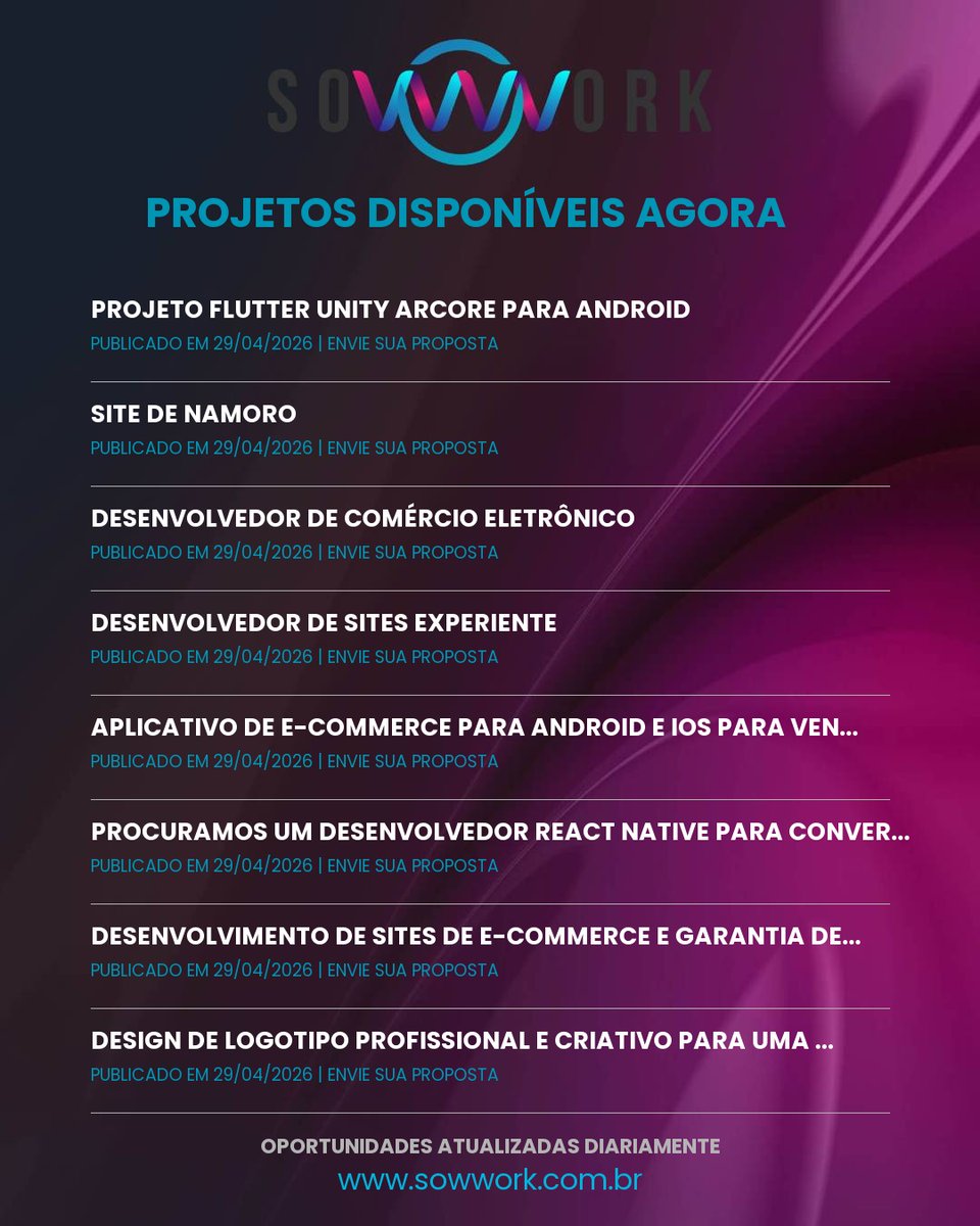 Sowwork164432's tweet image. 🚀 NOVOS PROJETOS DISPONÍVEIS!
Confira os últimos projetos publicados por nossos clientes e envie sua proposta agora mesmo.
Acesse: sowwork.com.br
#Sowwork #Freelancer #Projetos #HomeOffice