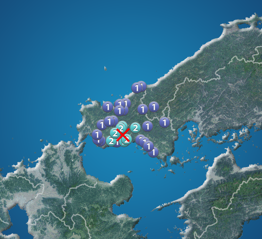 wni_jp's tweet photo. 【地震情報】
4月30日 20:23 震度2
震源：山口県中部 M3.7 深さ約20km
この地震による津波の心配はありません。
https://t.co/JmWD4hL7Sd https://t.co/onI6V2nrC4