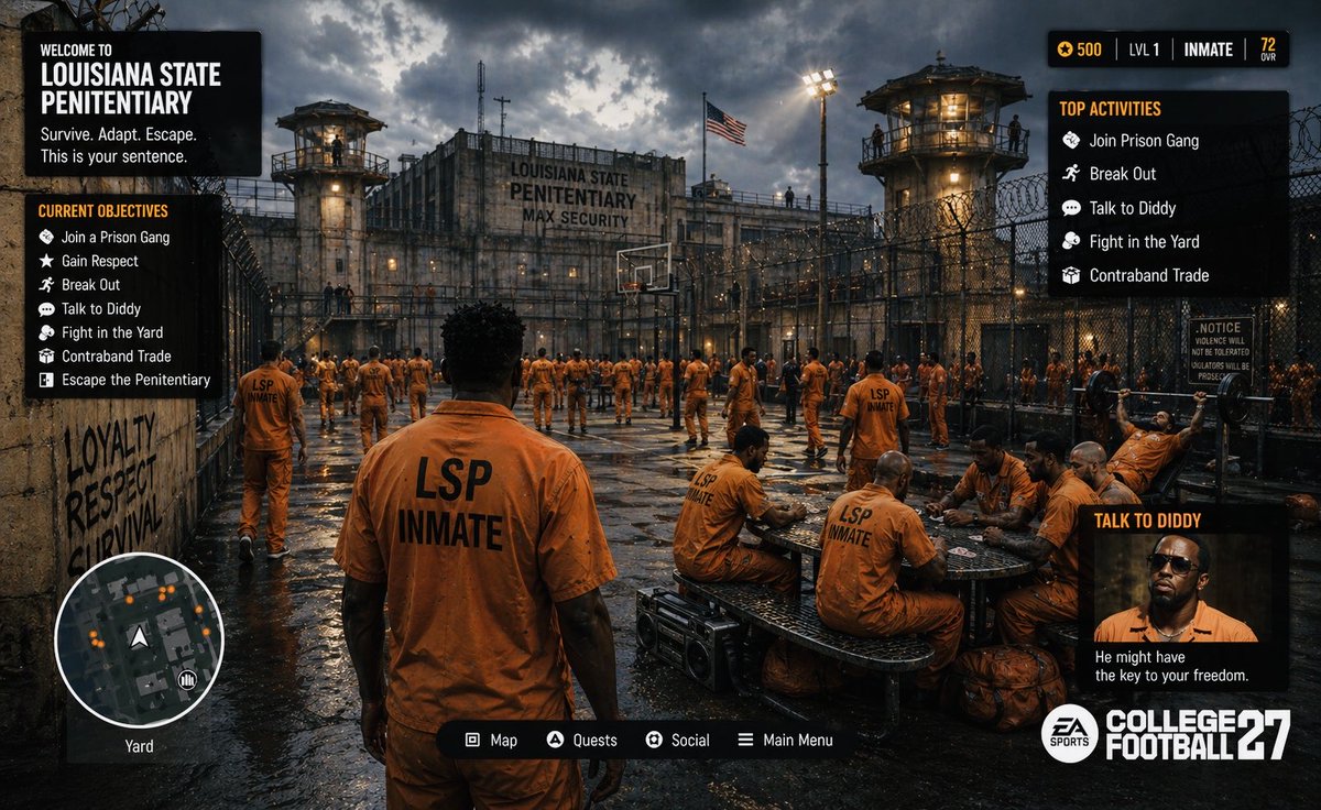the5starflop's tweet image. Open world Road to Glory has gone too far. Auto-simulated two weeks and now I’m in prison for a violent crime.

#CFB27 #EA #RTG #CFB #NCAA