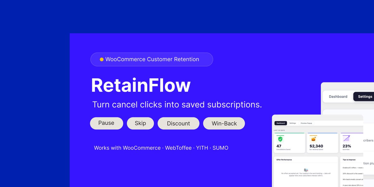 bikashpun10's tweet image. After feedback + research, made a call:

RetainWoo is now RetainFlow
(same slug, simpler move)

Next:
→ premium build
→ marketing grind
→ new plugin idea

wordpress.org/plugins/retain…

#wordpress #plugin #apps
