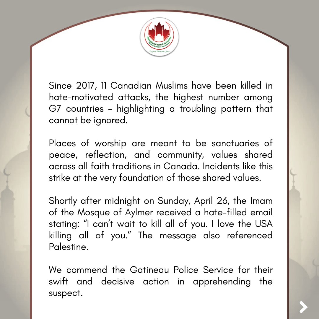CCImams's tweet photo. We are relieved by the arrest in connection with violent threats sent to the Imam of the Mosque of Aylmer. According to media reports, police seized air rifles and a .22 calibre firearm.

Read our statement below. 👇 #cdnpoli https://t.co/XQkF3sJqis