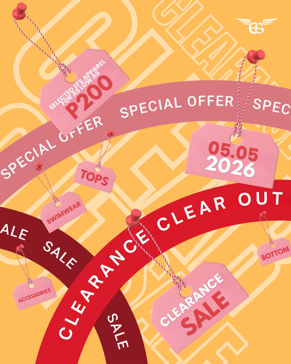 EFS_Apparel's tweet image. 🤑 BIG SAVINGS ALERT! 🏷️

Score your favorite EFS Apparel pieces for as low as ₱200—yes, you read that right! From tops, swimwear, bottoms, to accessories, we’ve got everything on CLEARANCE SALE 🔥

📅 Mark your calendar: 05.05.2026

#EFSApparel #ClearanceSale #SaleAlert