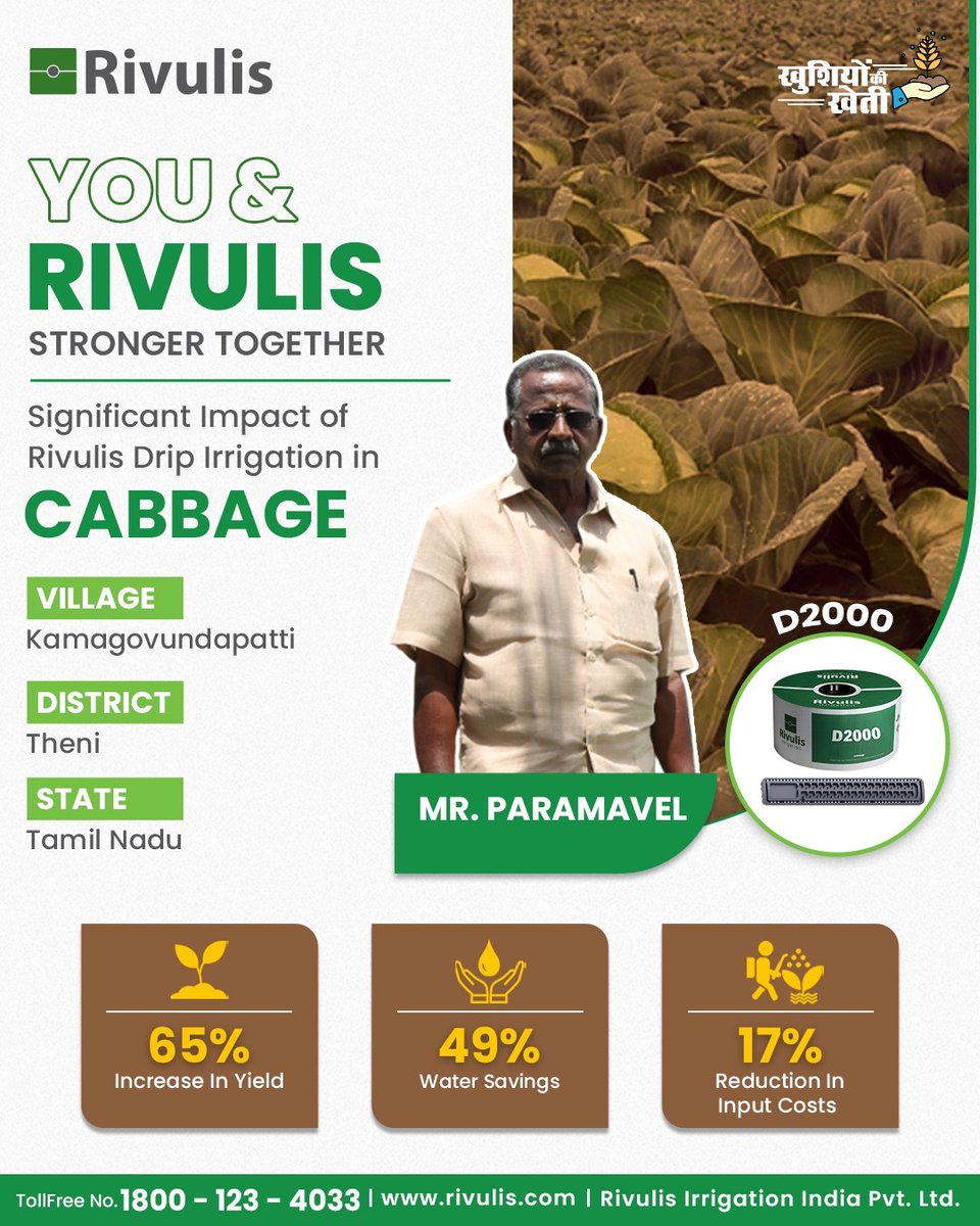 Rivulis_in's tweet image. Meet Mr. Paramavel, our proud Rivulis farmer who cultivated cabbage  and achieved a remarkable increase in yield while conserving water using our innovative irrigation solution.   #RivulisIndia #cabbage #sustainablefarming #dripirrigation #joyfulfarming