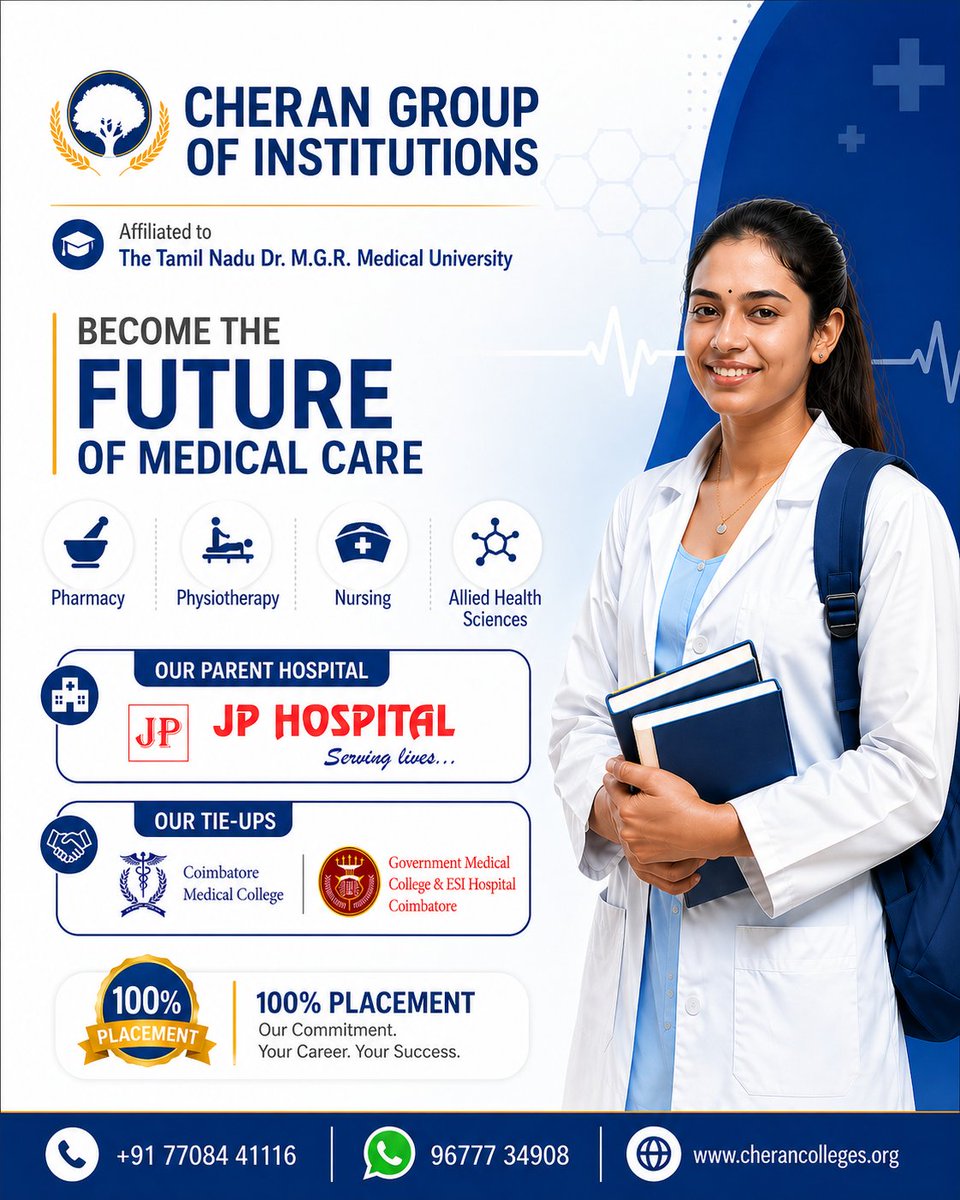 Cherancollege's tweet image. Become the Future of Medical Care 🩺

Join Cheran Group of Institutions

✔ Pharmacy | Physiotherapy | Nursing | Allied Health
✔ 100% Placement
✔ Hands-on hospital training

📞 +91 77084 41116
🌐 cherancolleges.org

#Healthcare #MedicalEducation #CareerGrowth
